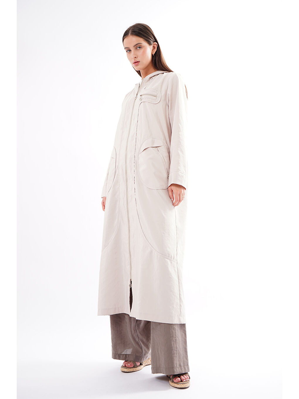 Bej Kapüşonlu Yuvarlak Torba Cepli Fermuarlı Safari Kap 813 Taş-2