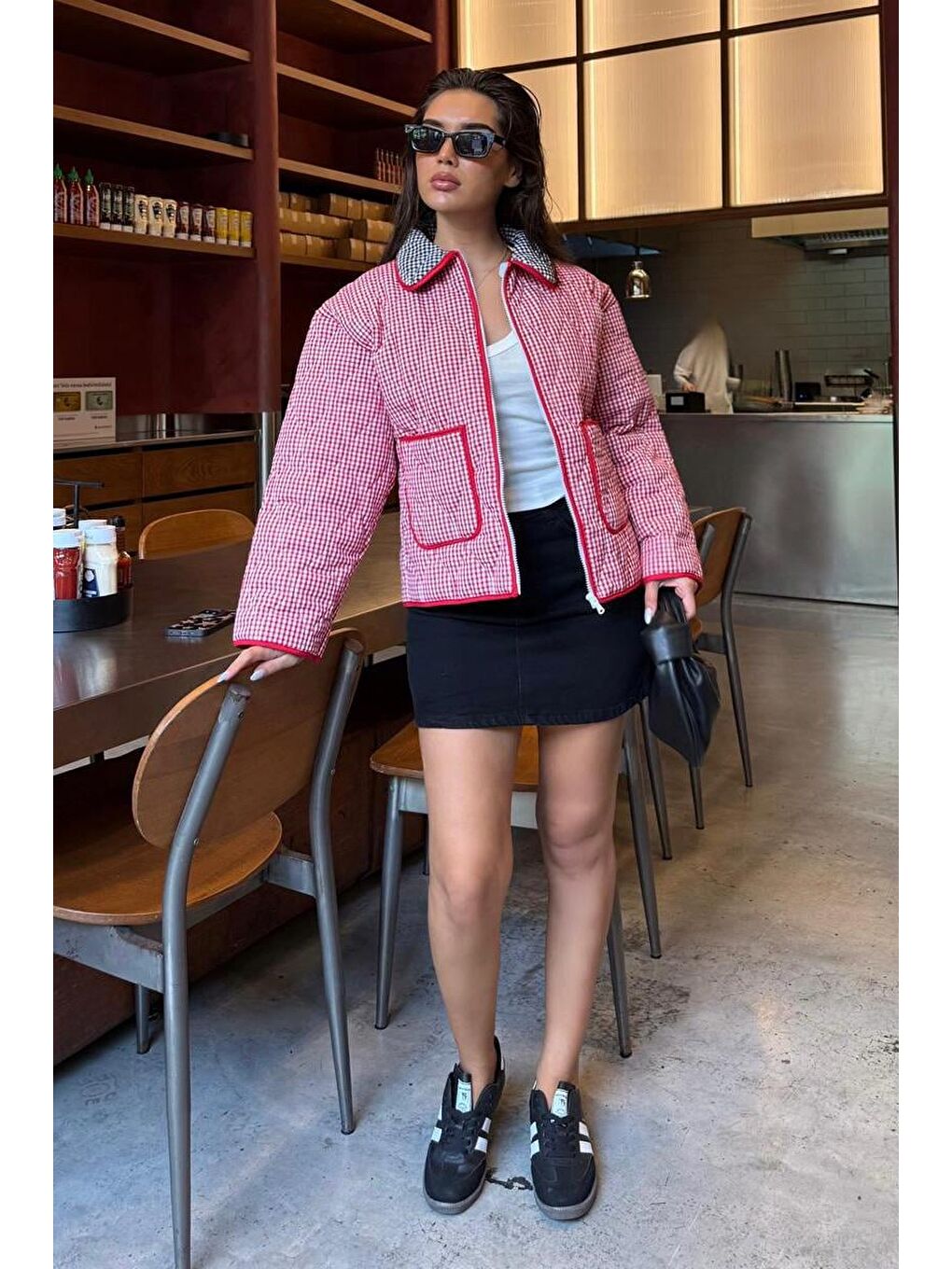 Kırmızı Pötikareli Cepli Kadın Mont Mg2488-4