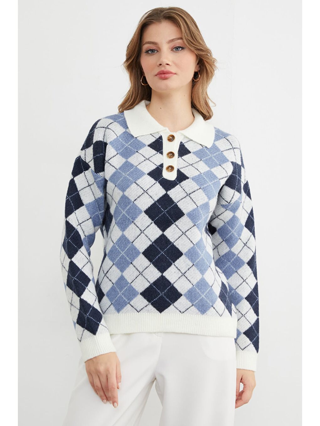 Lacivert Baklava Desenli Yarım Düğmeli Polo Yaka Triko Kazak-2