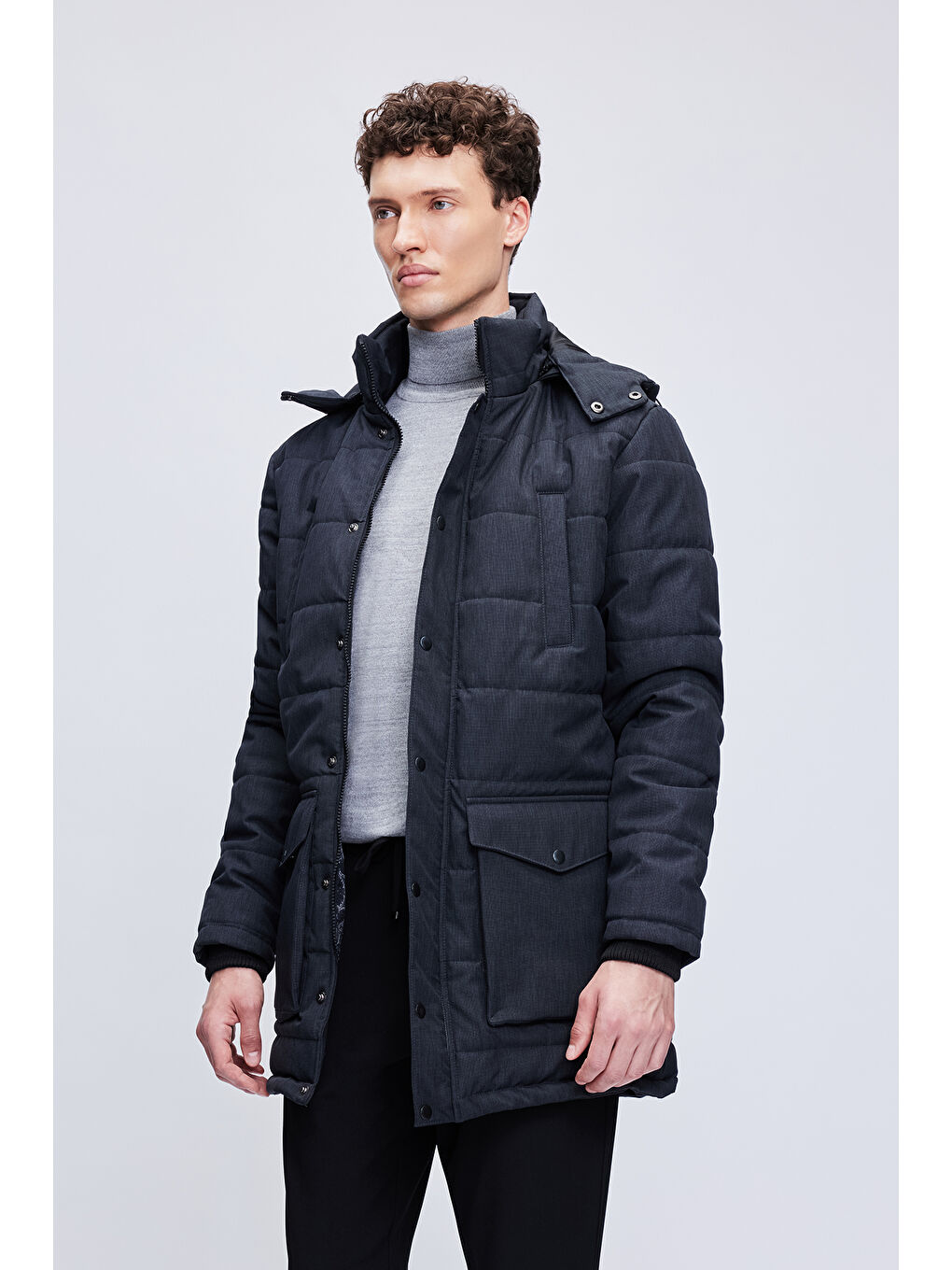 Siyah Dinamit Fit Hakim Yaka Desenli Kapitone Uzun Kapüşonlu Mont-3