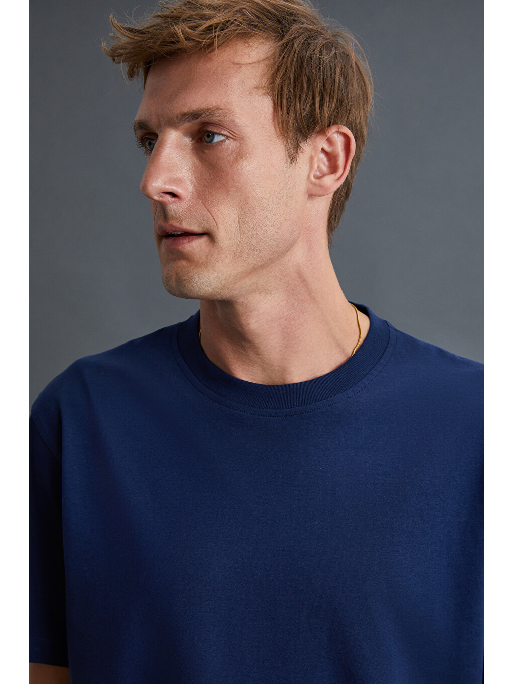 Lacivert Solo Erkek %100 Organik Pamuklu Kalın Dokulu Comfort Fit Bisiklet Yakalı LACİVERT T-Shirt-3