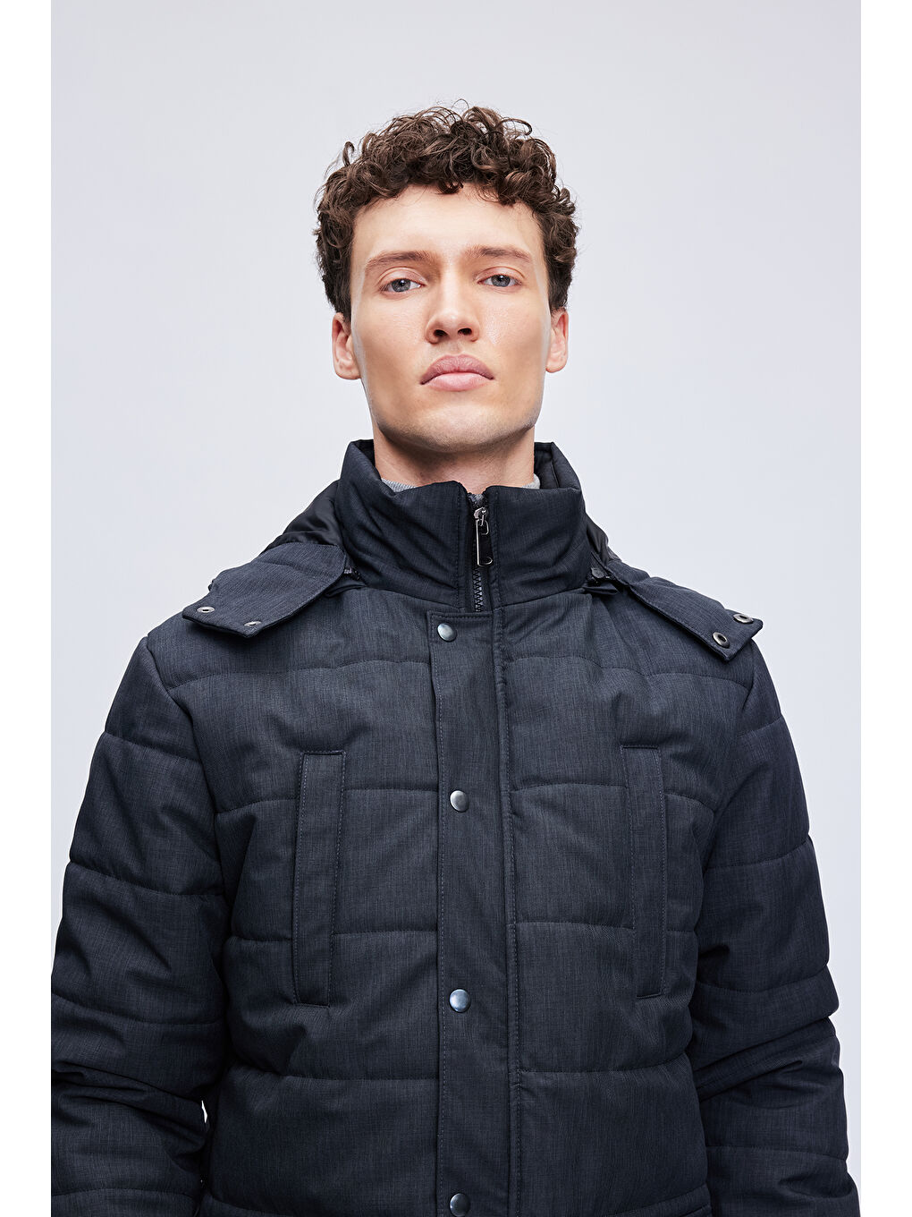 Siyah Dinamit Fit Hakim Yaka Desenli Kapitone Uzun Kapüşonlu Mont-4