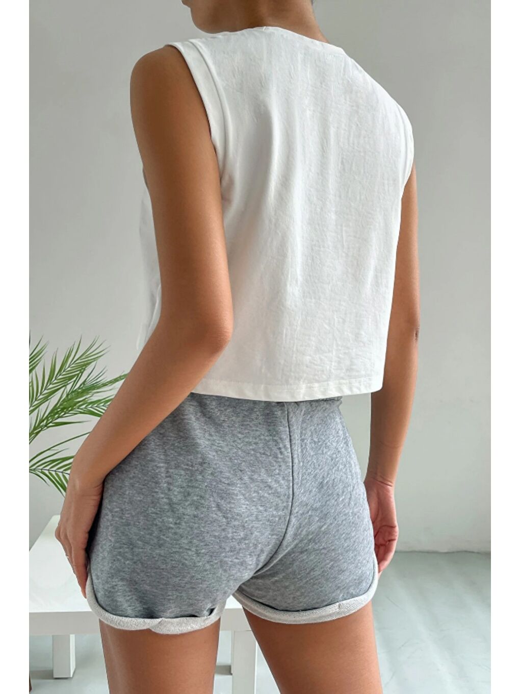 Beyaz Yeşil %100 Pamuk Basic Bisiklet Yaka Süprem Kolsuz T-shirt-1