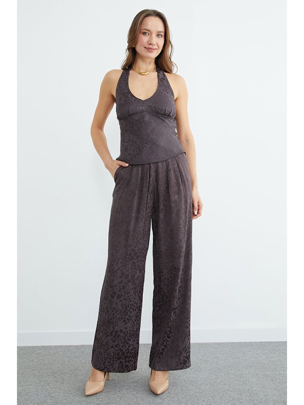 Kahverengi Leopar Desenli Pileli Palazzo Pantolon