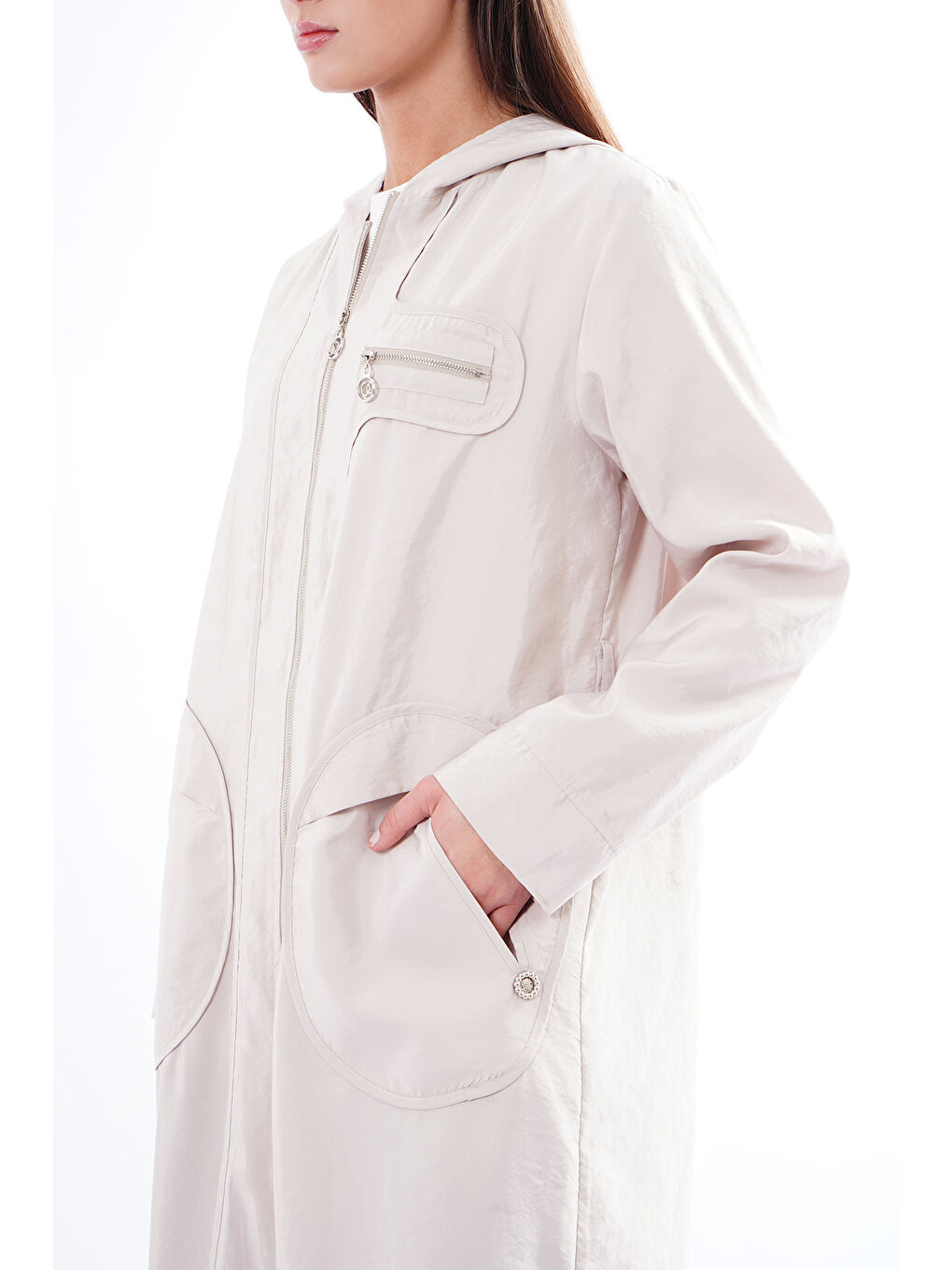 Bej Kapüşonlu Yuvarlak Torba Cepli Fermuarlı Safari Kap 813 Taş-3