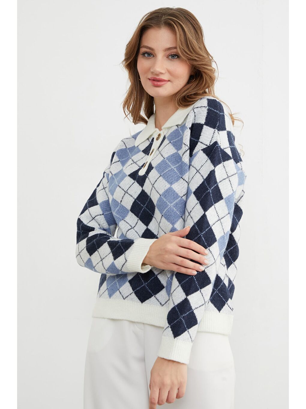 Lacivert Baklava Desenli Yarım Düğmeli Polo Yaka Triko Kazak-3