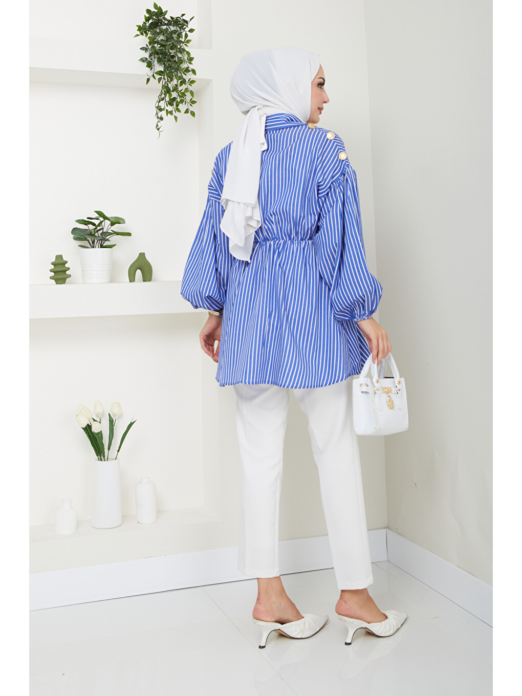 Kadın Çizgili Balon Kol Büzgülü Mavi Tesettür Gömlek-7