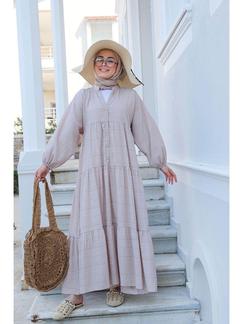 Yarım Düğmeli Elbise Bej-2