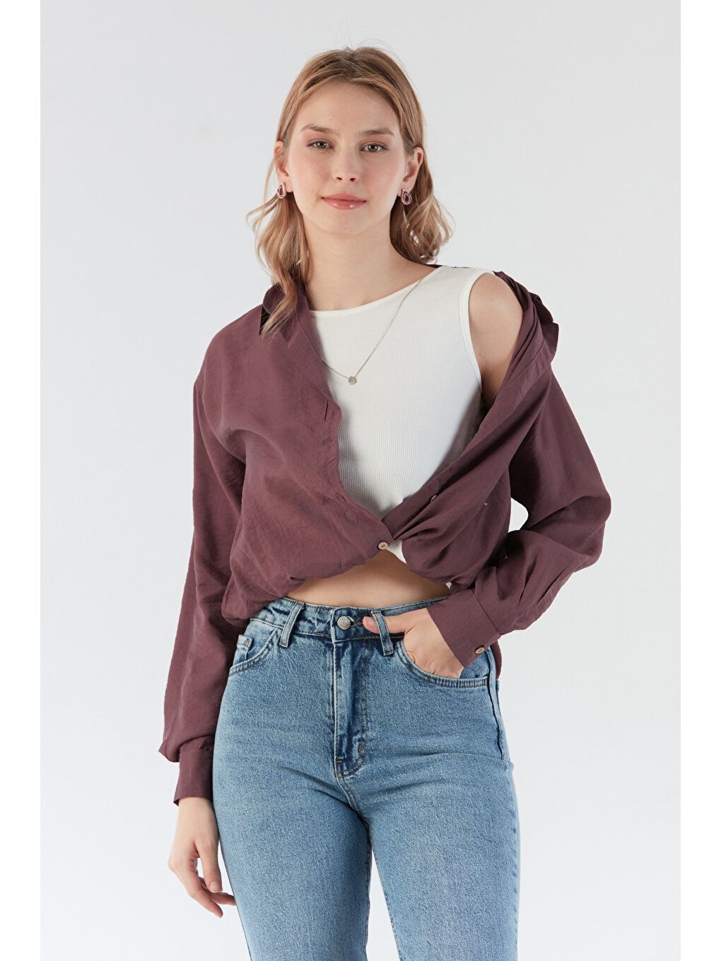 Pembe Basic Body Detaylı Kolyeli Gömlek-1