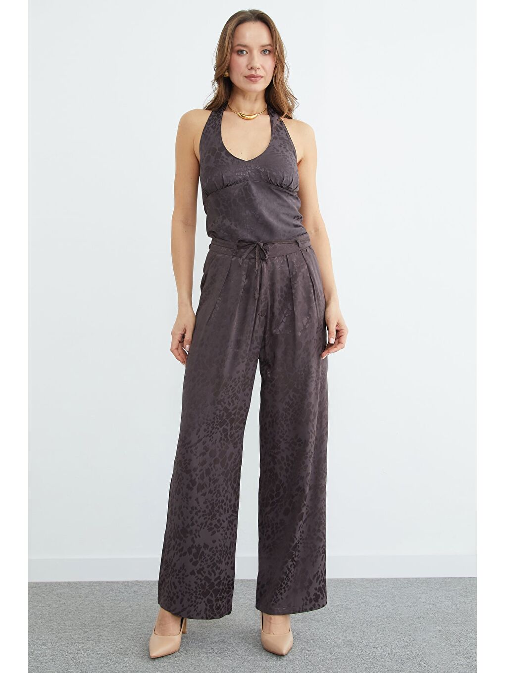 Kahverengi Leopar Desenli Pileli Palazzo Pantolon-2