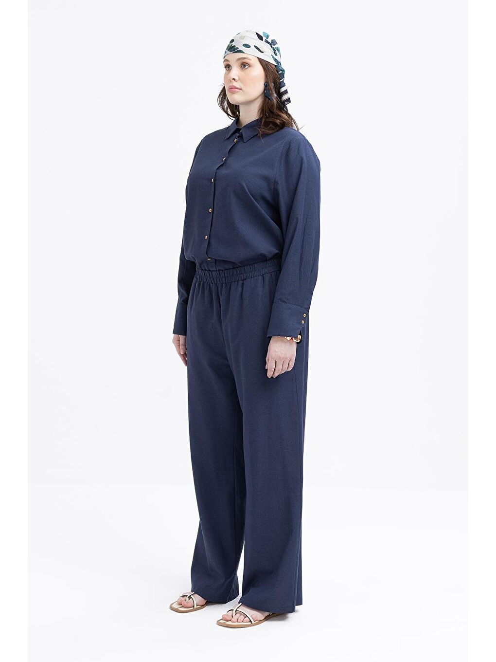 İndigo-Büyük Beden Beli Lastikli Geniş Paça Keten Pantolon-2