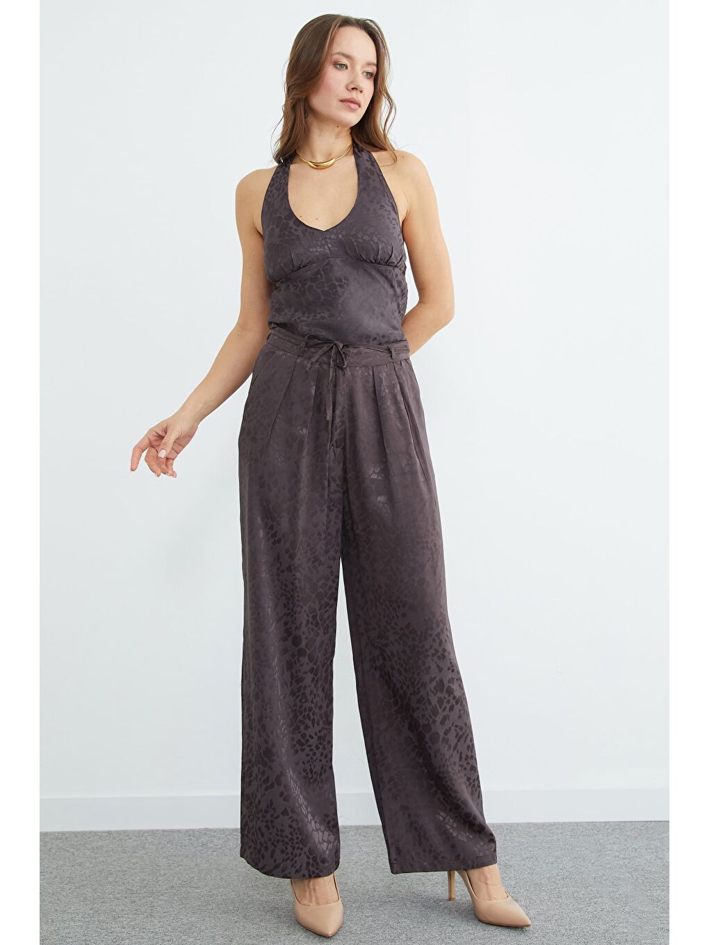 Kahverengi Leopar Desenli Pileli Palazzo Pantolon-3