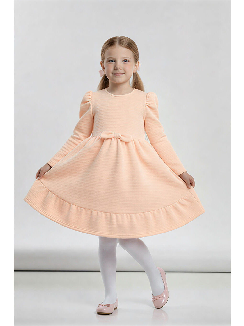 Pembe Kız Çocuk Elbise -Vatka Omuzlu-Fiyonk Detaylı 2-10 Yaş 12530