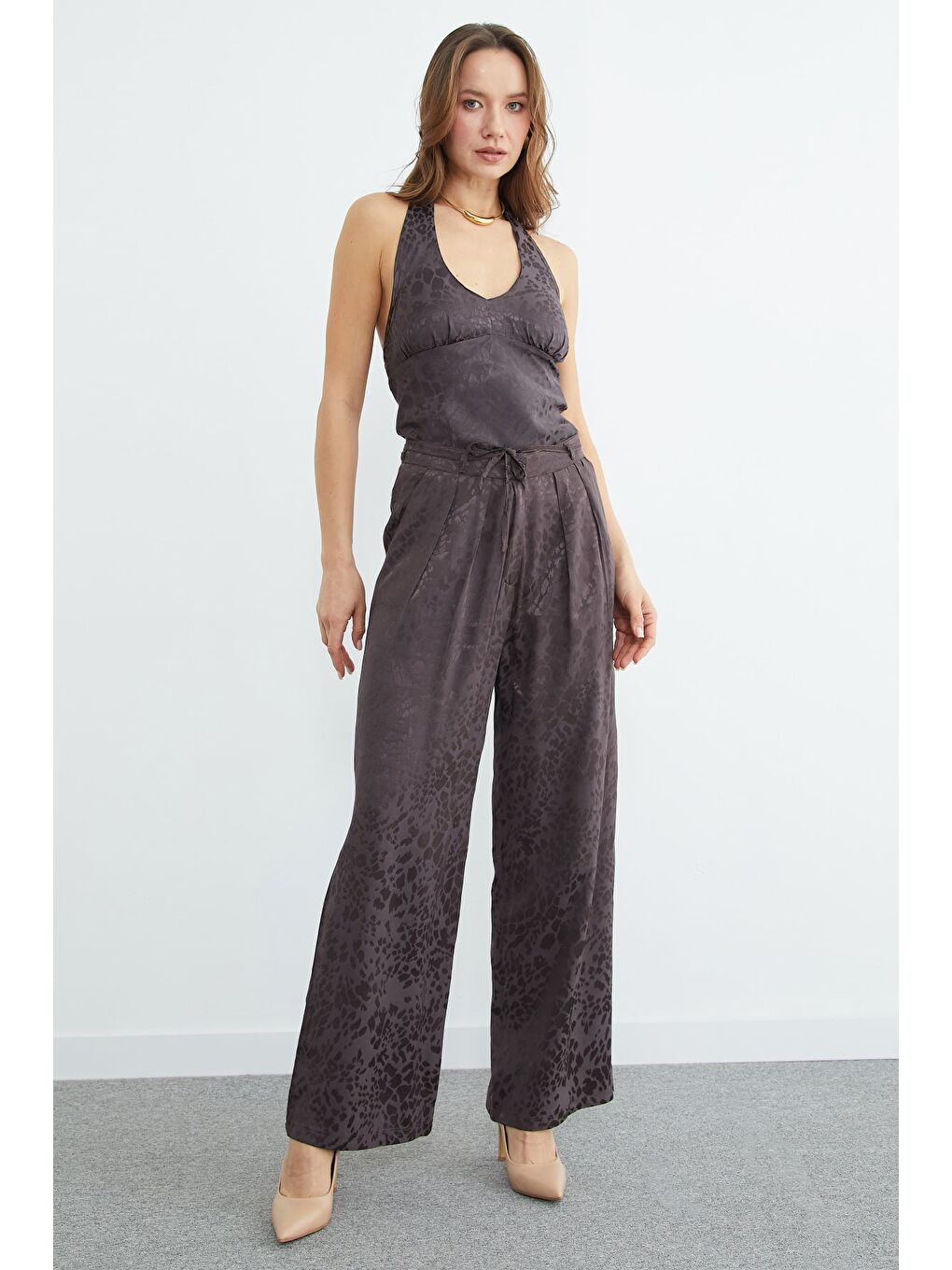 Kahverengi Leopar Desenli Pileli Palazzo Pantolon-4