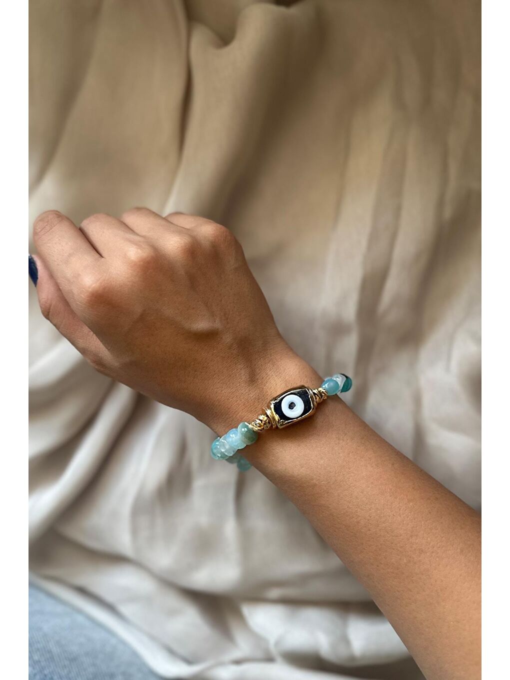Turkuaz El Yapımı Nazar Boncuklu Doğaltaş Bileklik