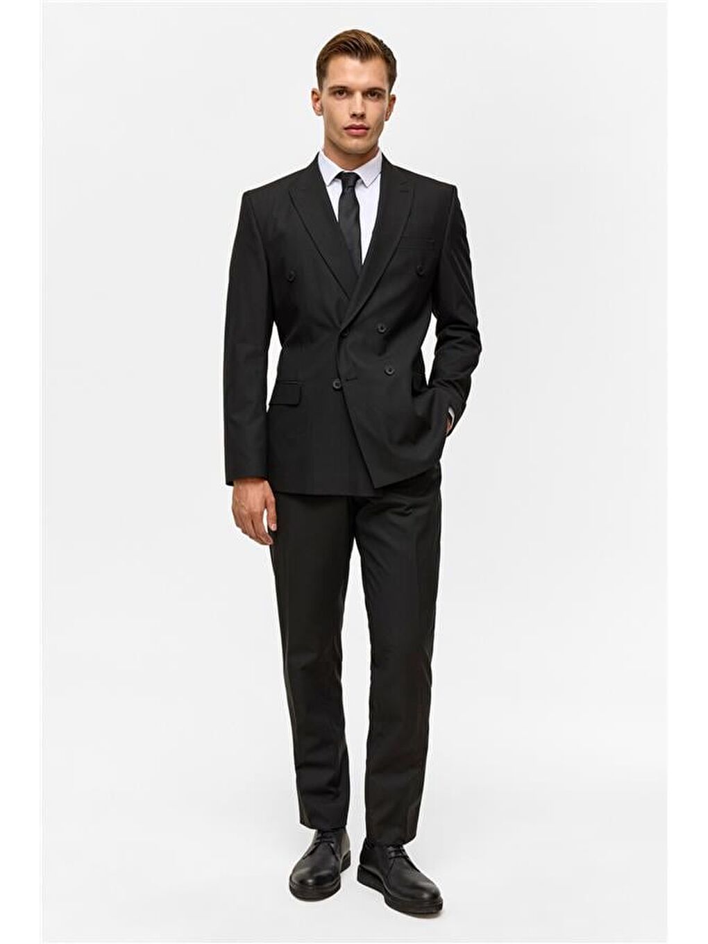 Siyah Regular Çizgili Kruvaze Yaka 6 Drop Takım Elbise-11