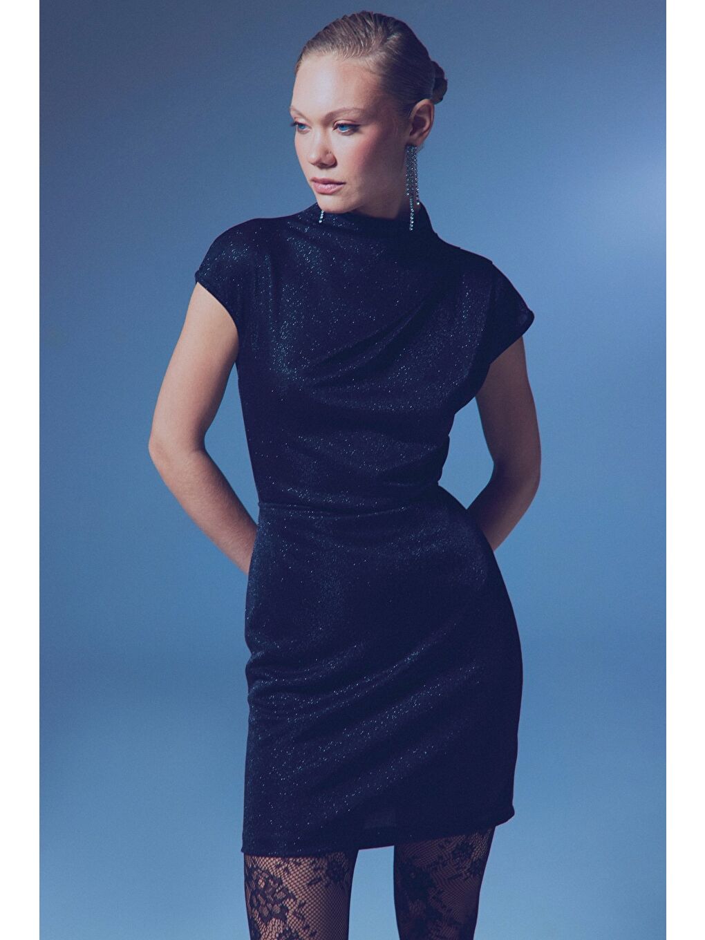 Simli Dik Yaka Bodysuit - Siyah-1