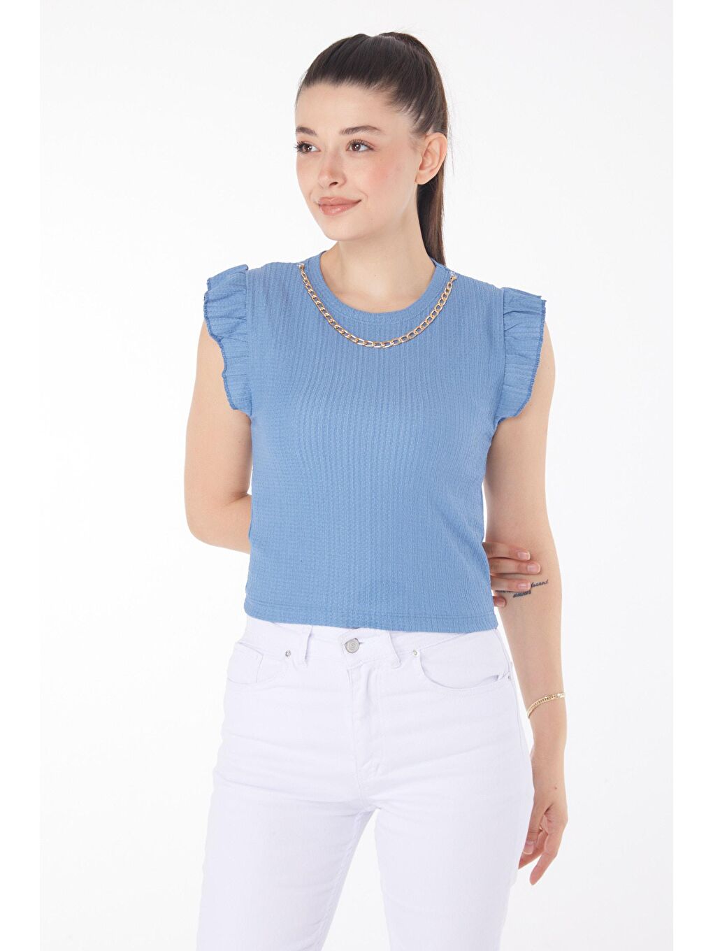 Bisiklet Yaka Kadın Mavi Zincir Kolyeli Bluz - 25861