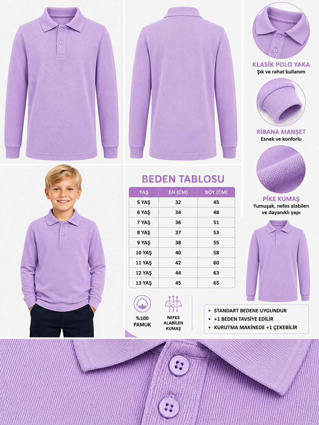 Lila Kids Polo Yaka Basic Uzun Kollu Unisex Erkek Çocuk Tişört-1