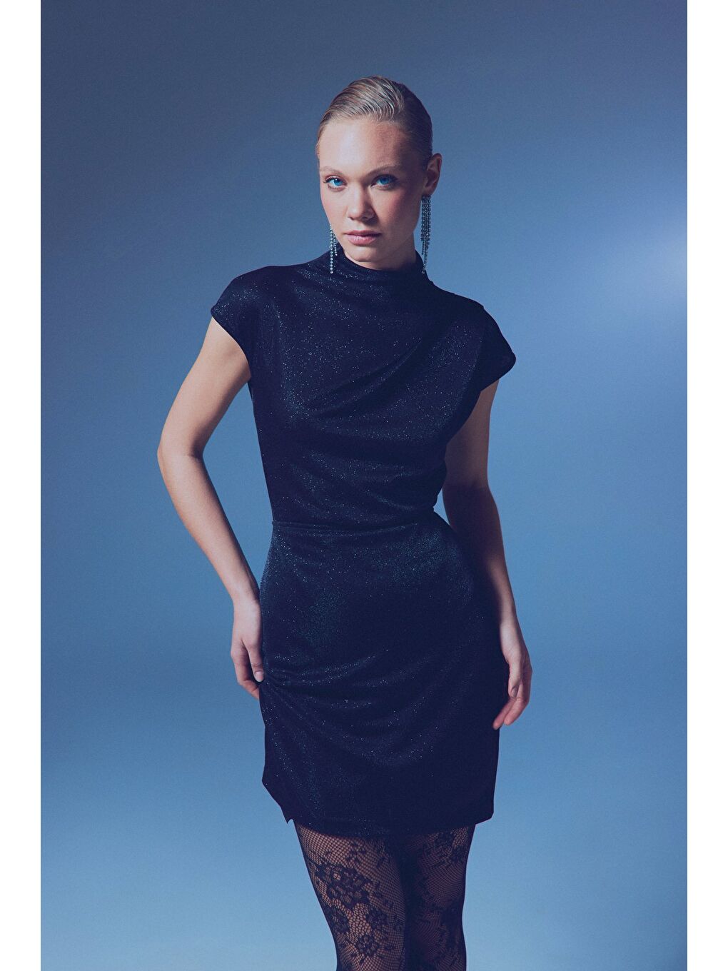 Simli Dik Yaka Bodysuit - Siyah-2