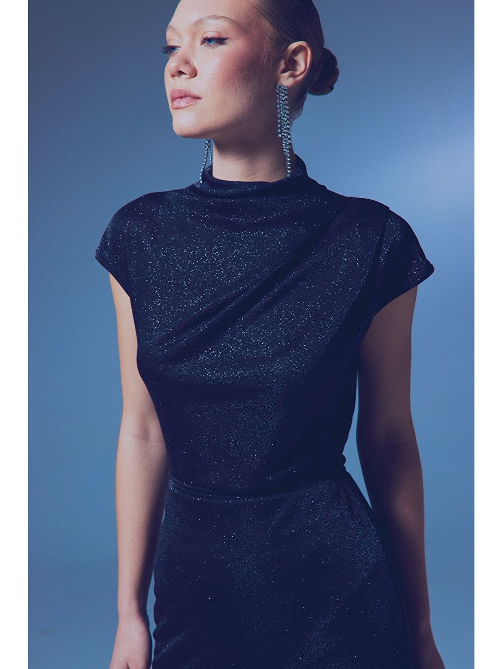 Simli Dik Yaka Bodysuit - Siyah-3