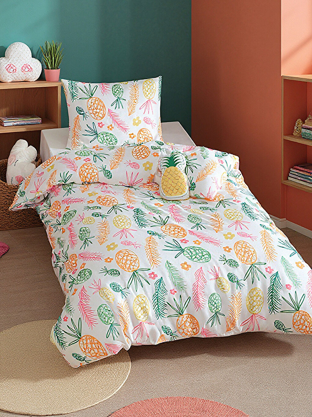 Tek Kişilik Pamuklu Nevresim Takımı 3 Parça Tropik Desenli Beyaz Yumuşak Dokulu