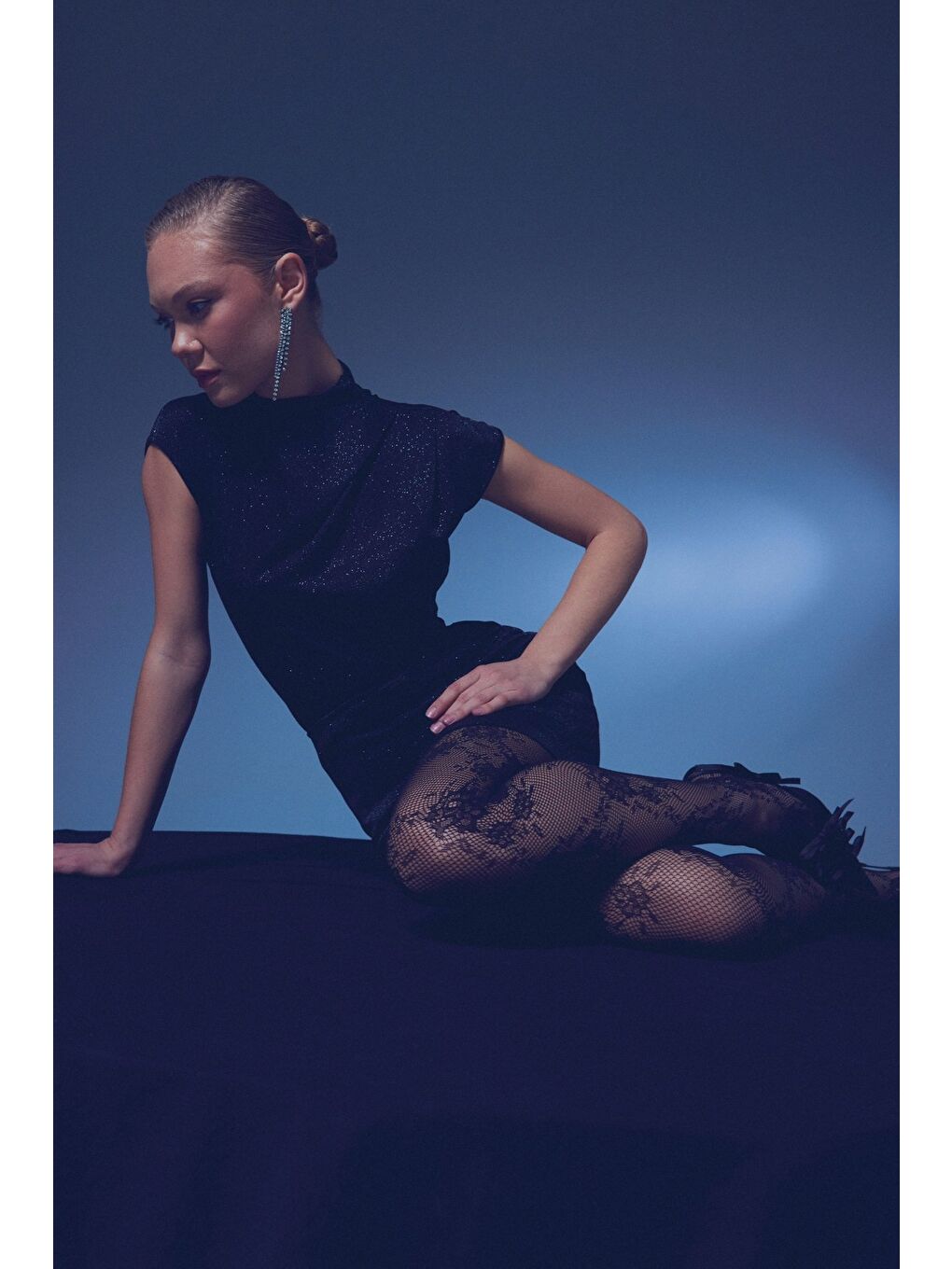 Simli Dik Yaka Bodysuit - Siyah-4