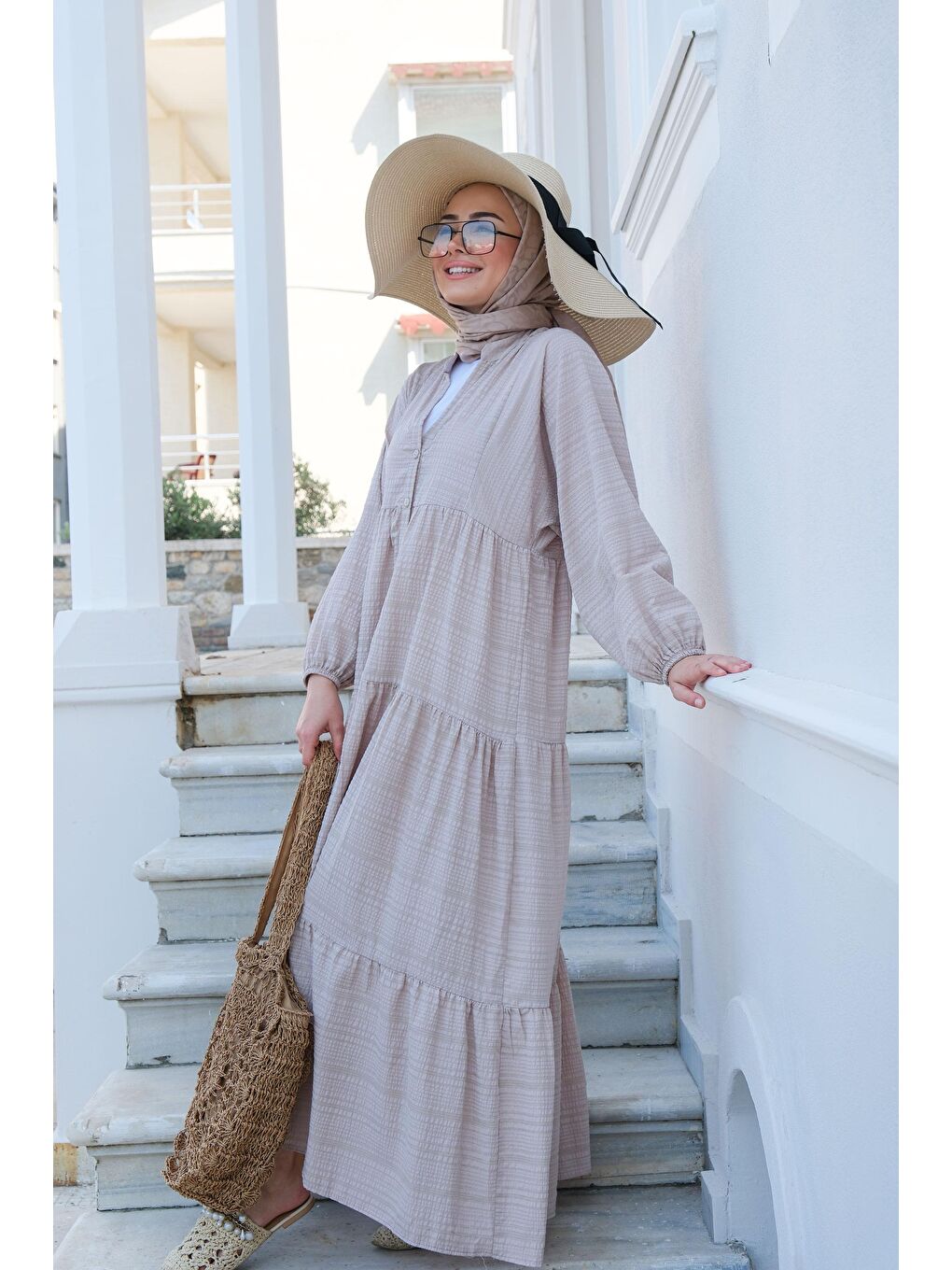 Yarım Düğmeli Elbise Bej-3