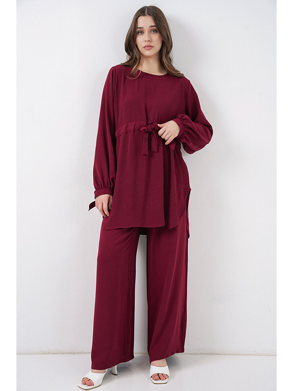 Kadın Uzun Tunik Pantolon İkili Takım 6719 - Bordo-2
