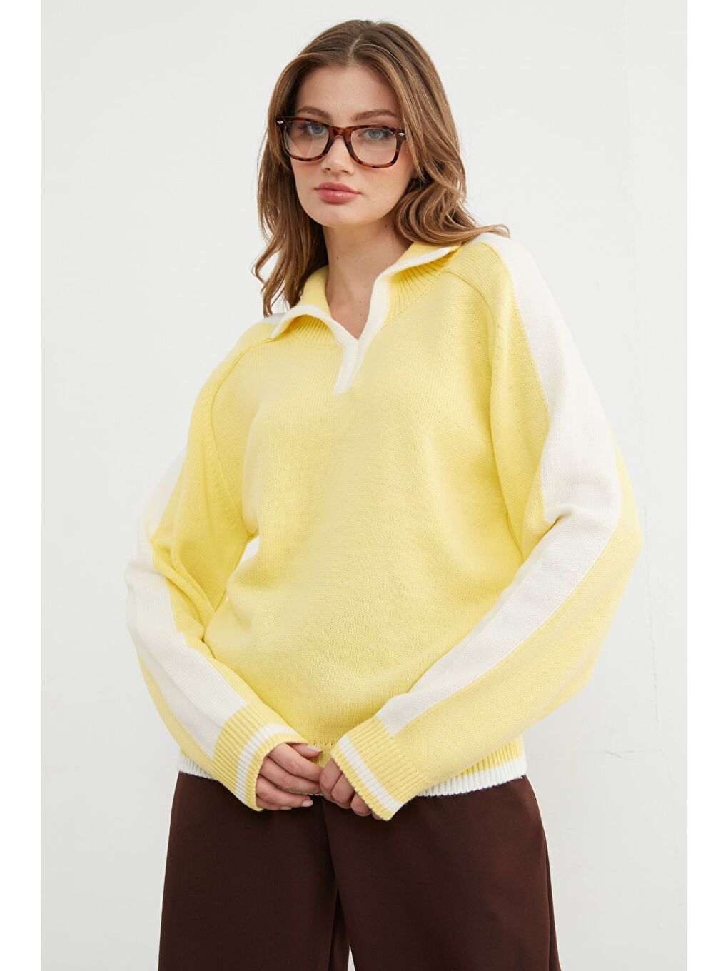 Sarı Şeritli Polo Yaka Salaş Triko Kazak-1