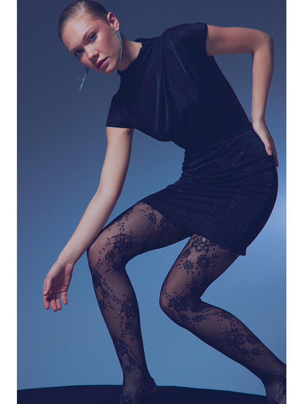 Simli Dik Yaka Bodysuit - Siyah-6