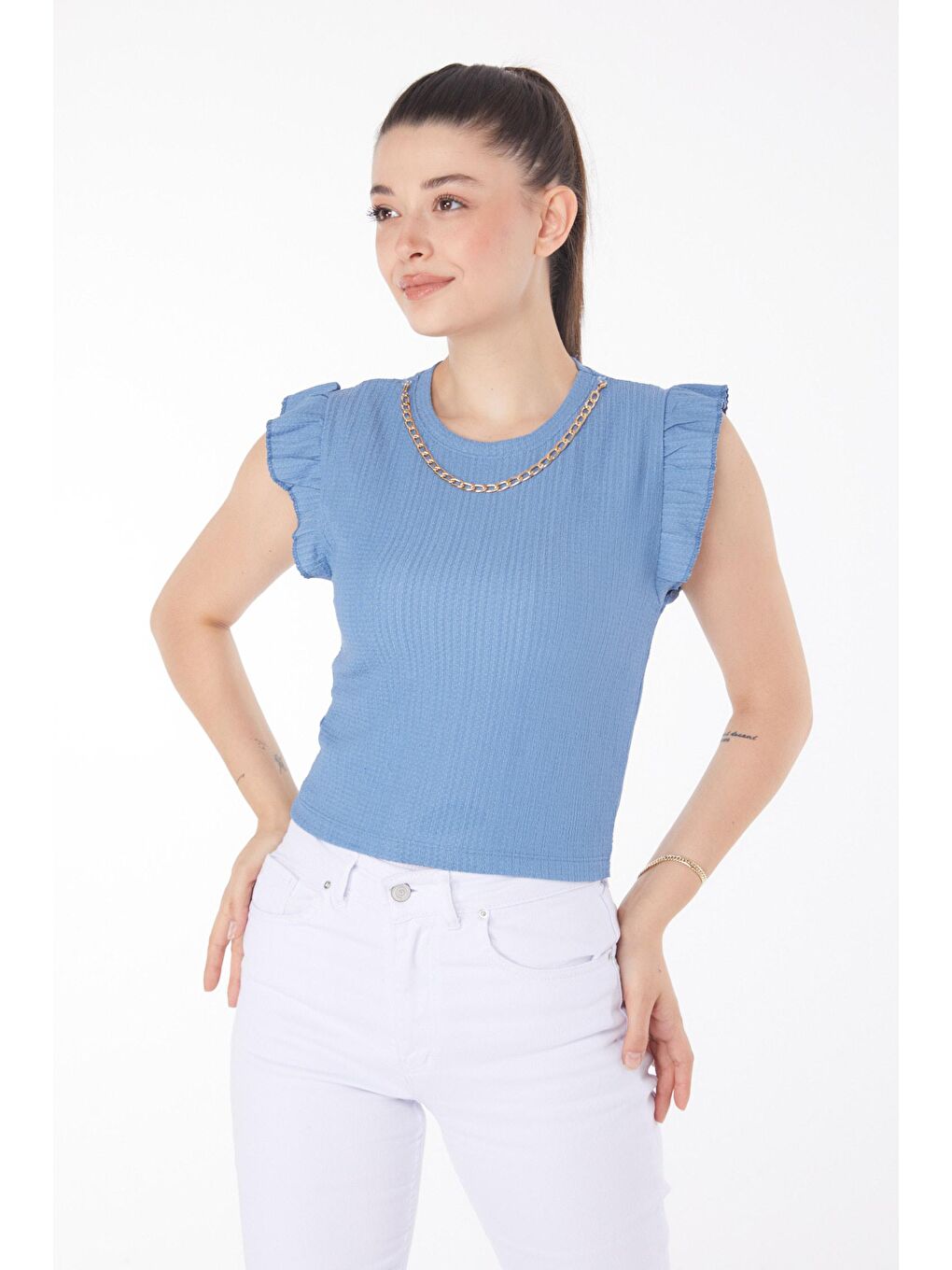 Bisiklet Yaka Kadın Mavi Zincir Kolyeli Bluz - 25861-1