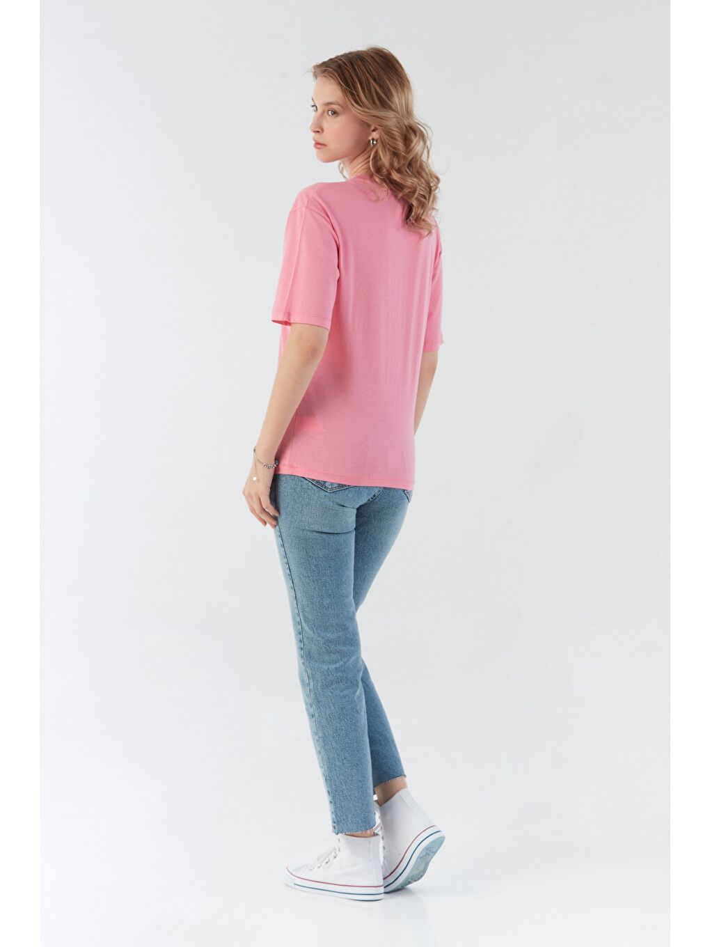 Pembe Ayıcık Nakışlı Bisiklet Yaka Tişört-2