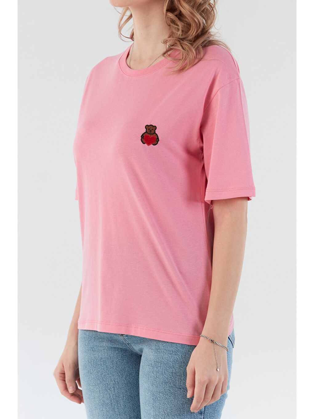 Pembe Ayıcık Nakışlı Bisiklet Yaka Tişört-4