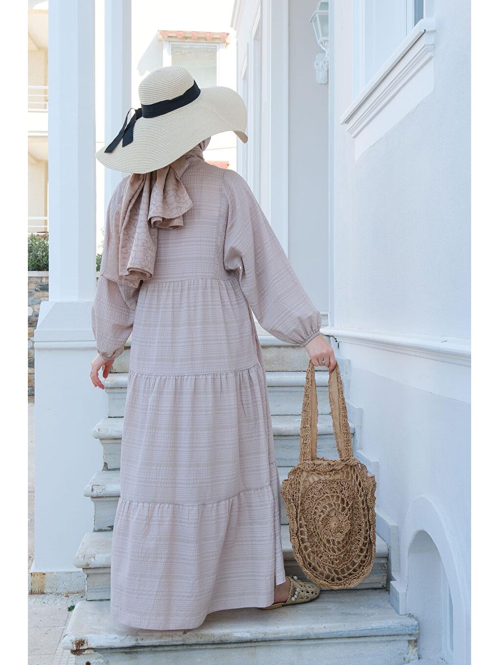 Yarım Düğmeli Elbise Bej-4