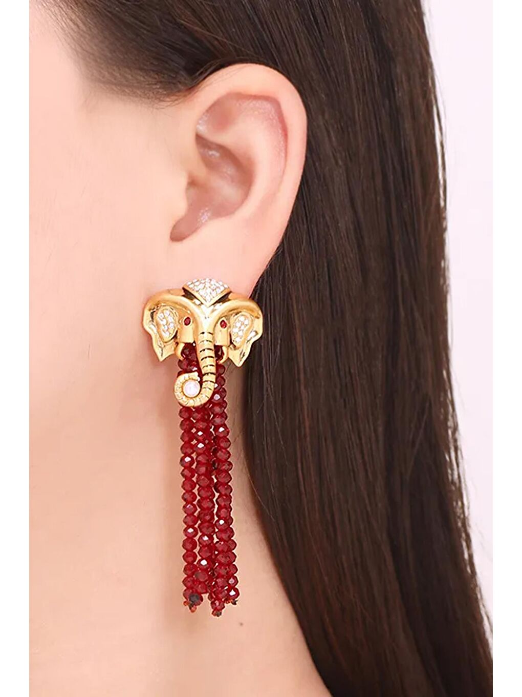 Sarı Elephas Bordo Kristal Boncuk Sallantılı Kadın Küpe-1