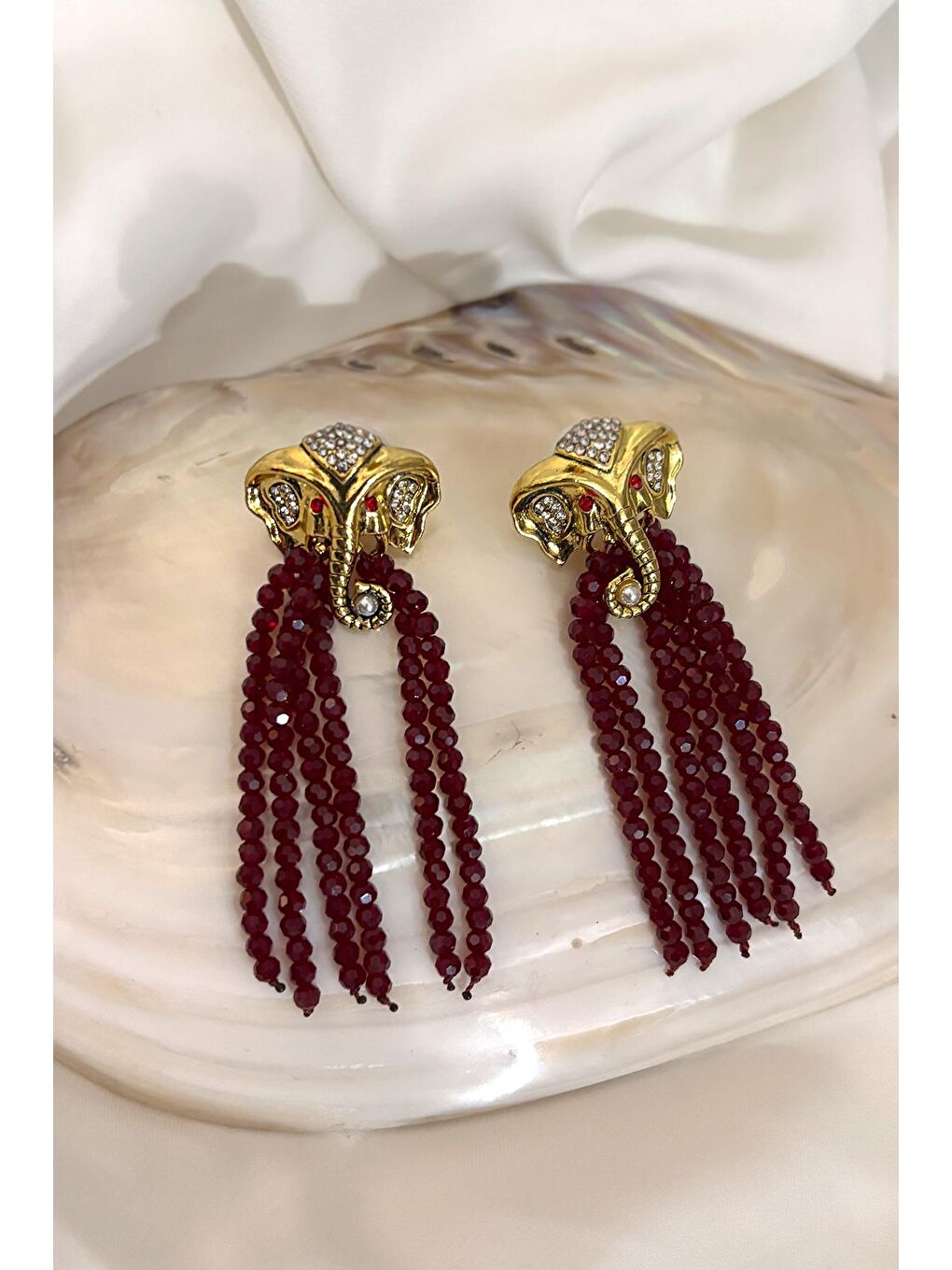 Sarı Elephas Bordo Kristal Boncuk Sallantılı Kadın Küpe-3