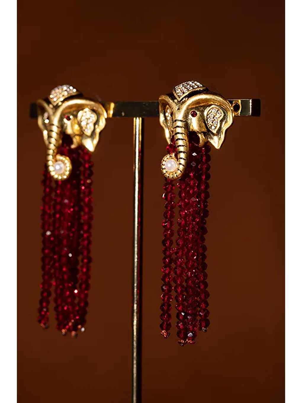 Sarı Elephas Bordo Kristal Boncuk Sallantılı Kadın Küpe-6