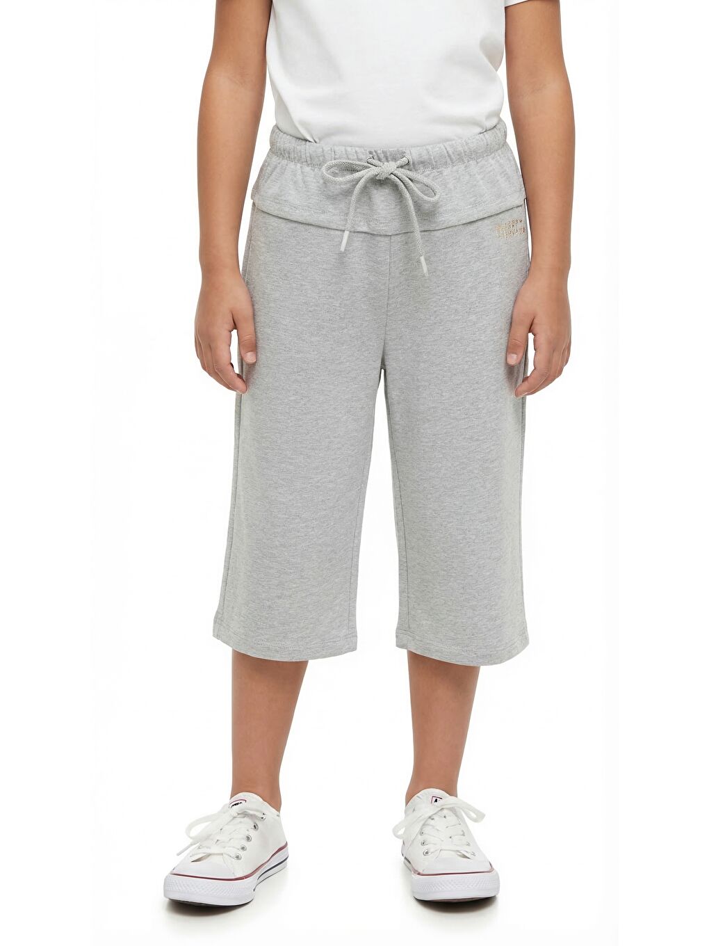 Gri Kız Çocuk Beli Lastikli  Bağlamalı Düz Paça Baskılı Kapri 25002