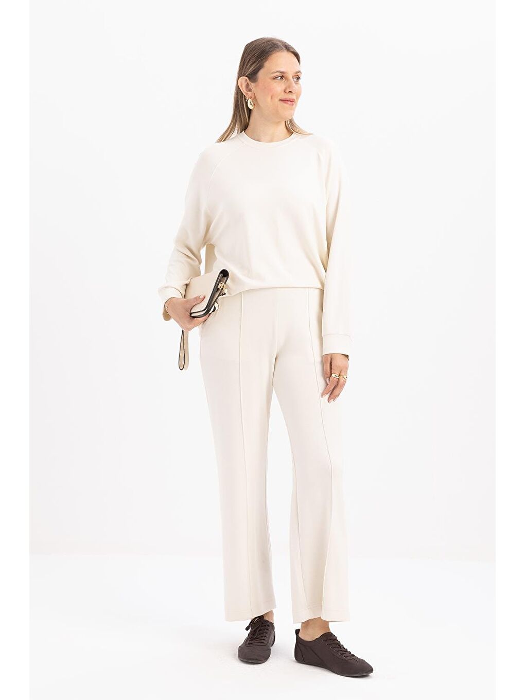 Ekru-Bol Paça Yırtmaçlı Elastanlı Örme Pantolon-1