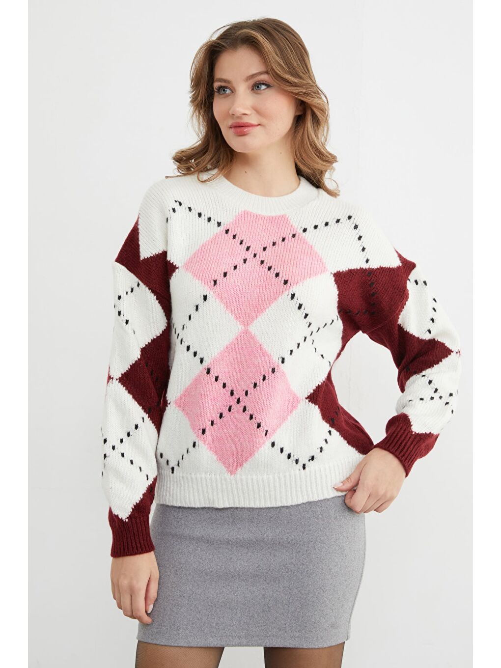 Pembe Baklava Desenli Bisiklet Yaka Triko Kazak