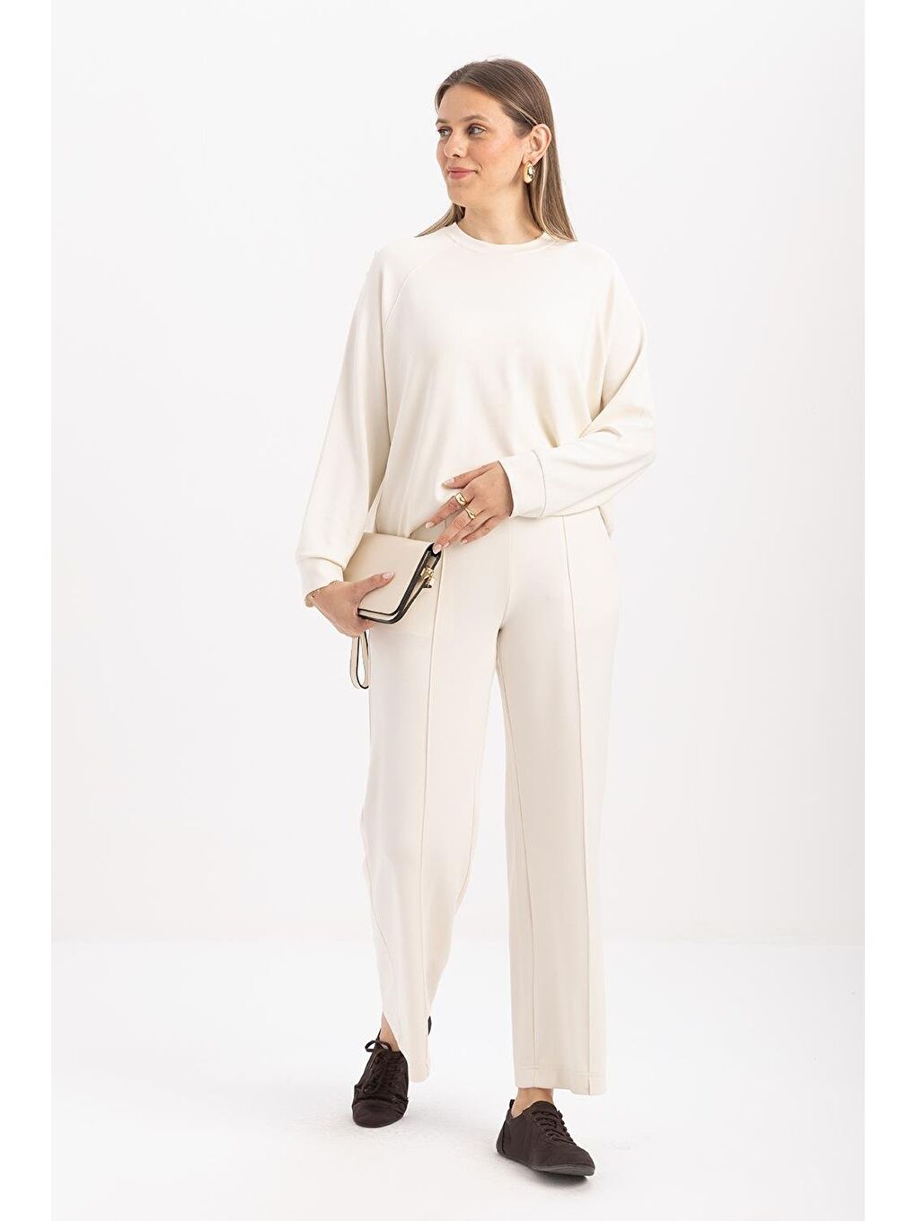 Ekru-Bol Paça Yırtmaçlı Elastanlı Örme Pantolon-2