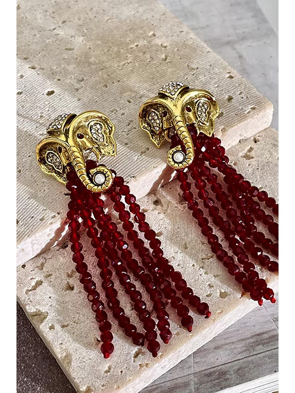 Sarı Elephas Bordo Kristal Boncuk Sallantılı Kadın Küpe-9