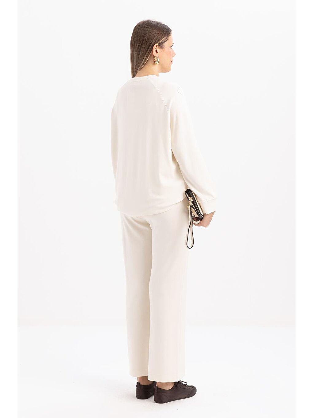 Ekru-Bol Paça Yırtmaçlı Elastanlı Örme Pantolon-3