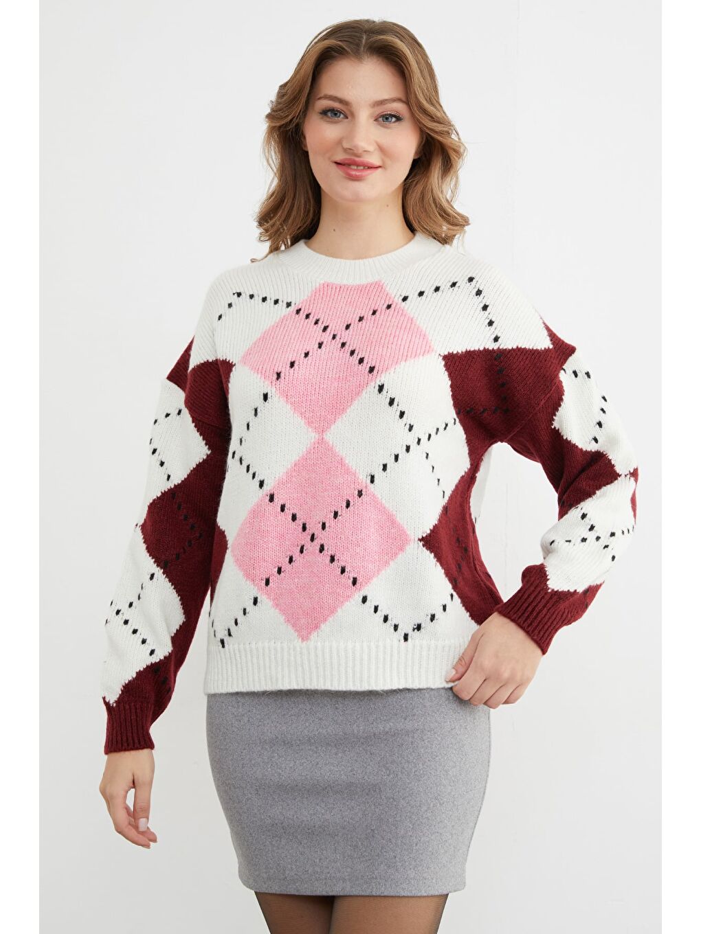 Pembe Baklava Desenli Bisiklet Yaka Triko Kazak-1