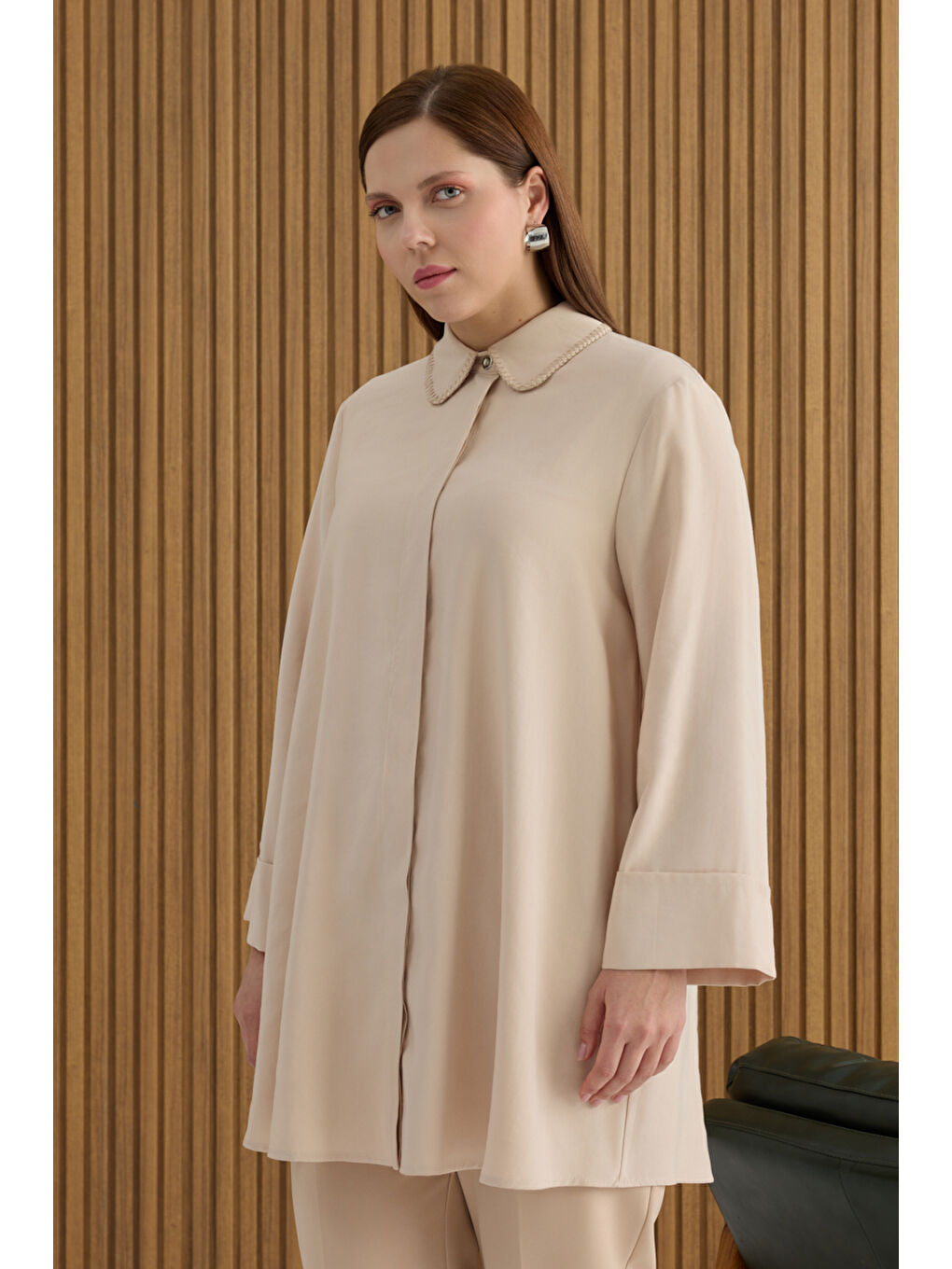 Bej Taş Çoban Dikişli Modal Tunik-1