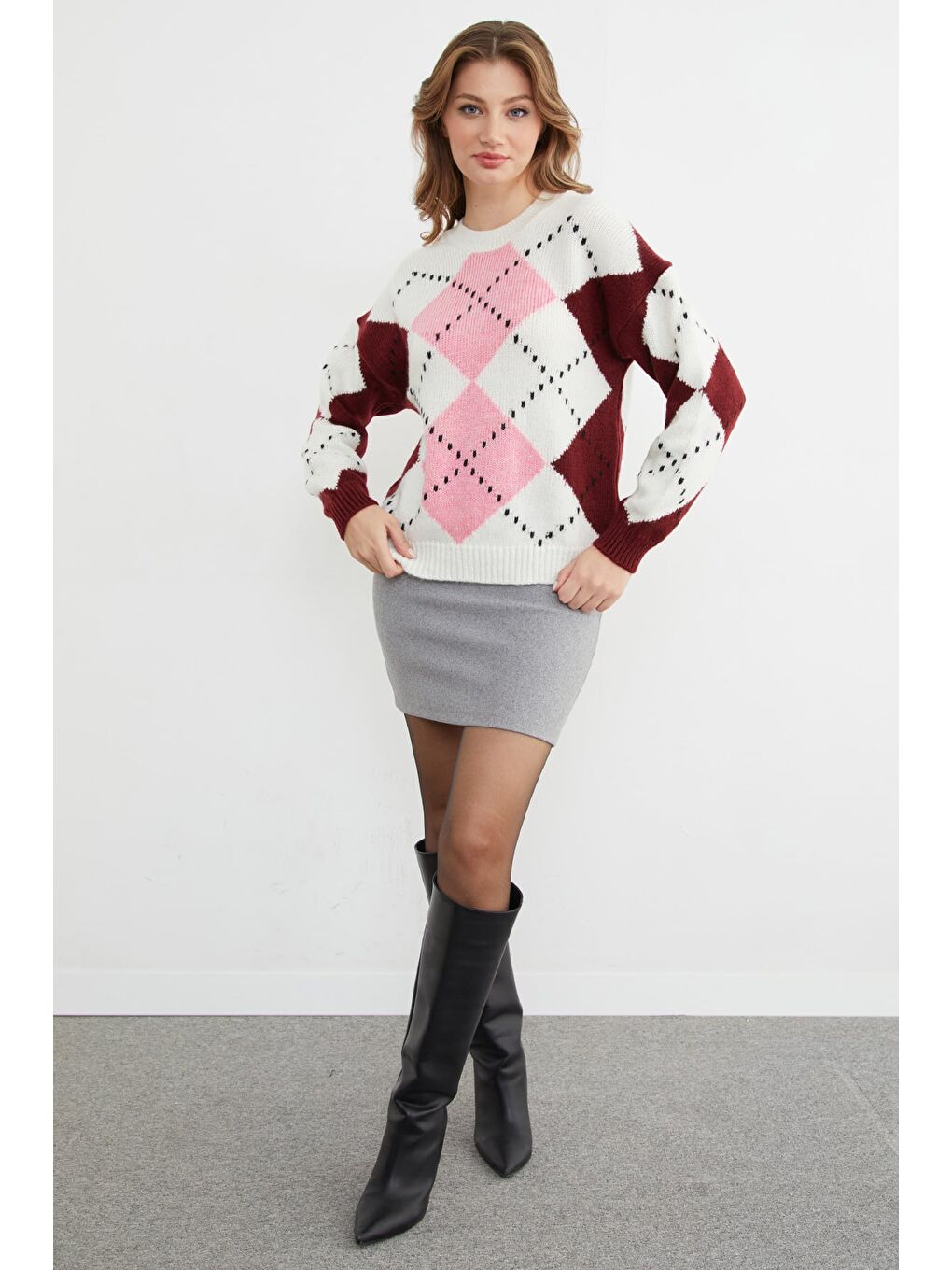 Pembe Baklava Desenli Bisiklet Yaka Triko Kazak-2