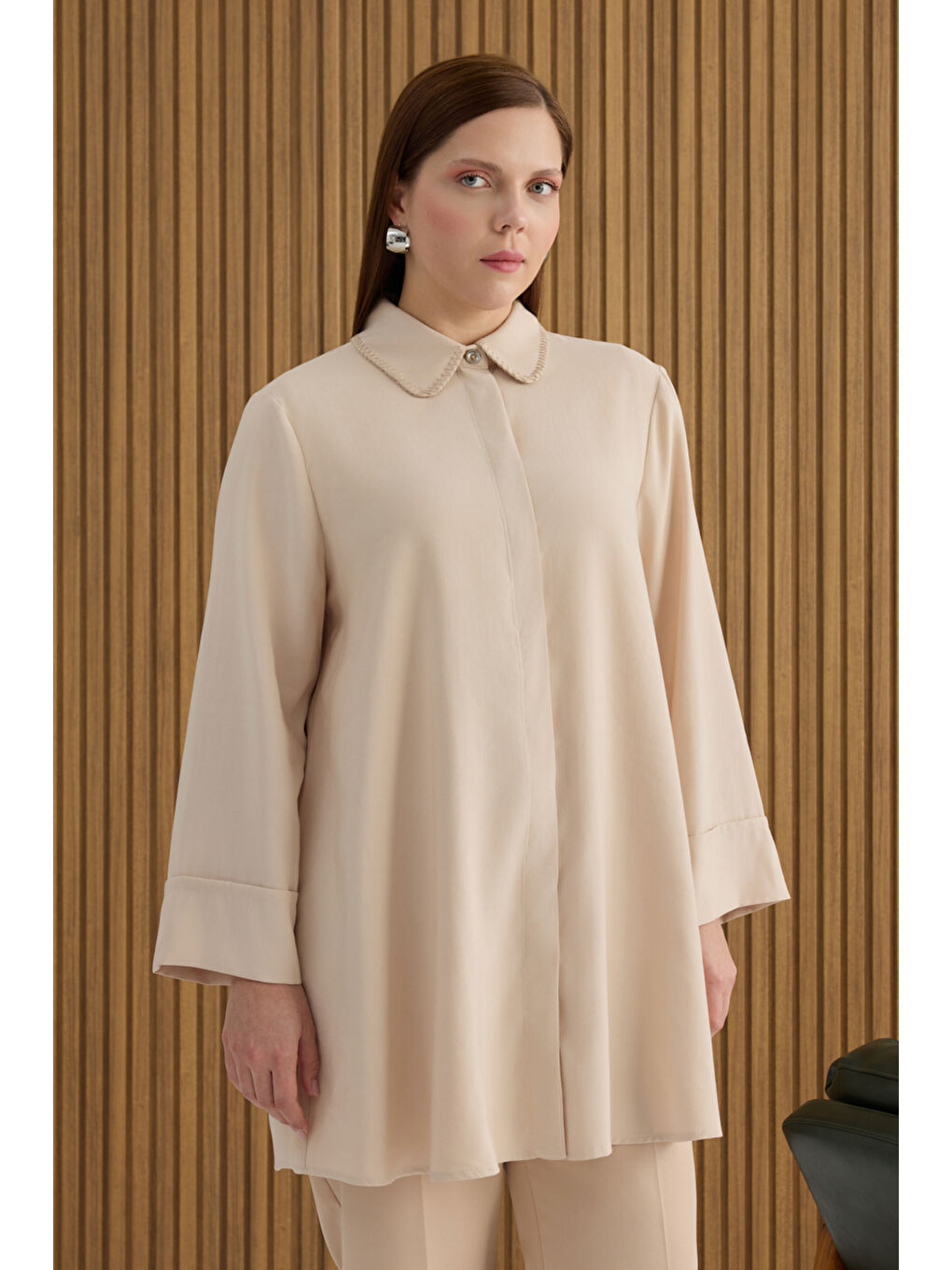 Bej Taş Çoban Dikişli Modal Tunik-2