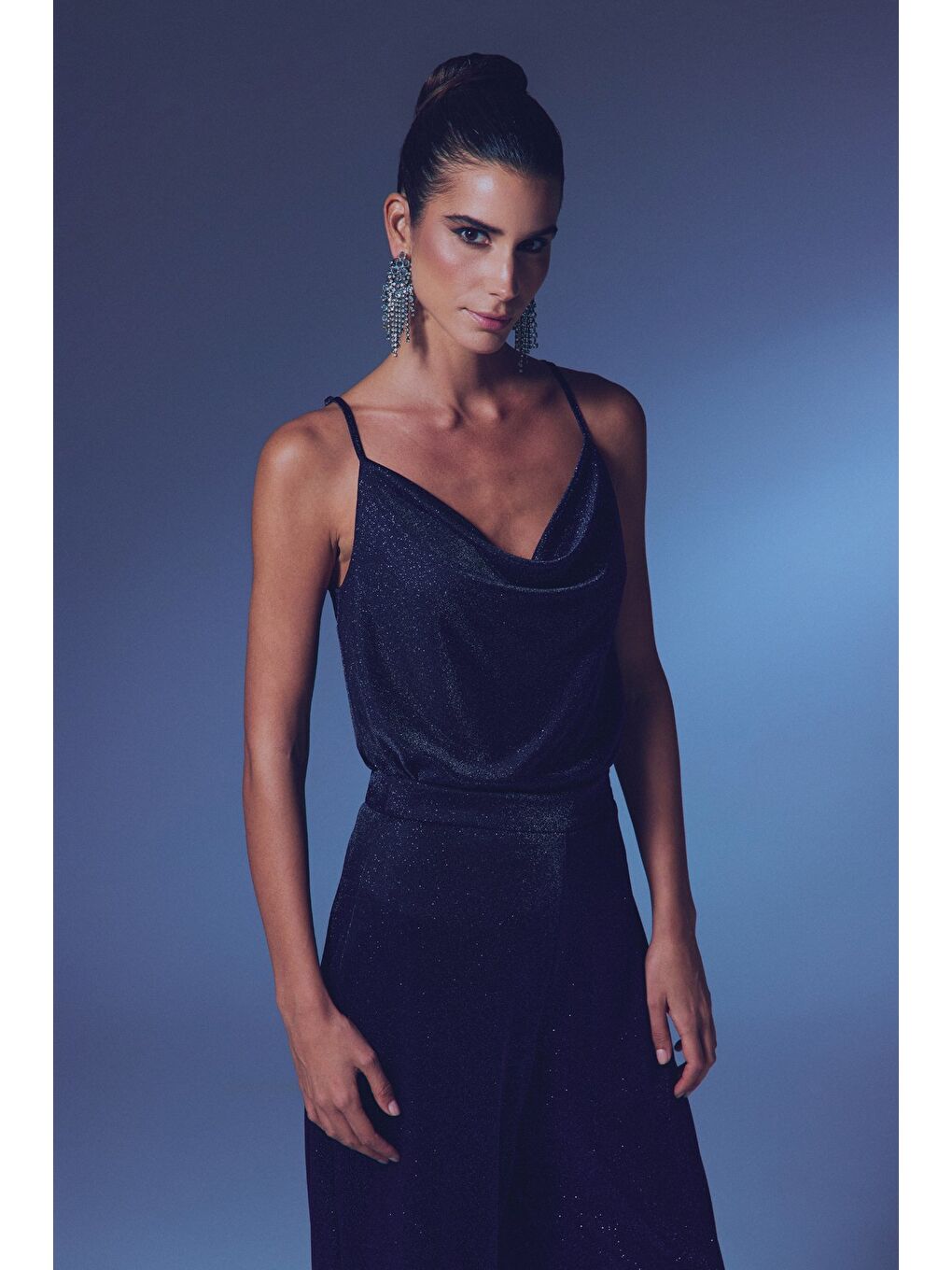 Simli Degaje Yaka Bluz - Lacivert-1