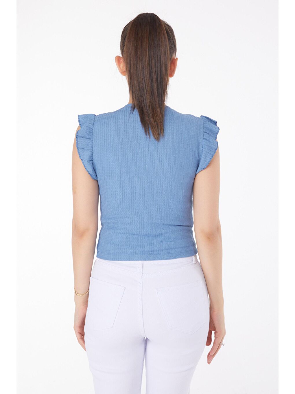 Bisiklet Yaka Kadın Mavi Zincir Kolyeli Bluz - 25861-3